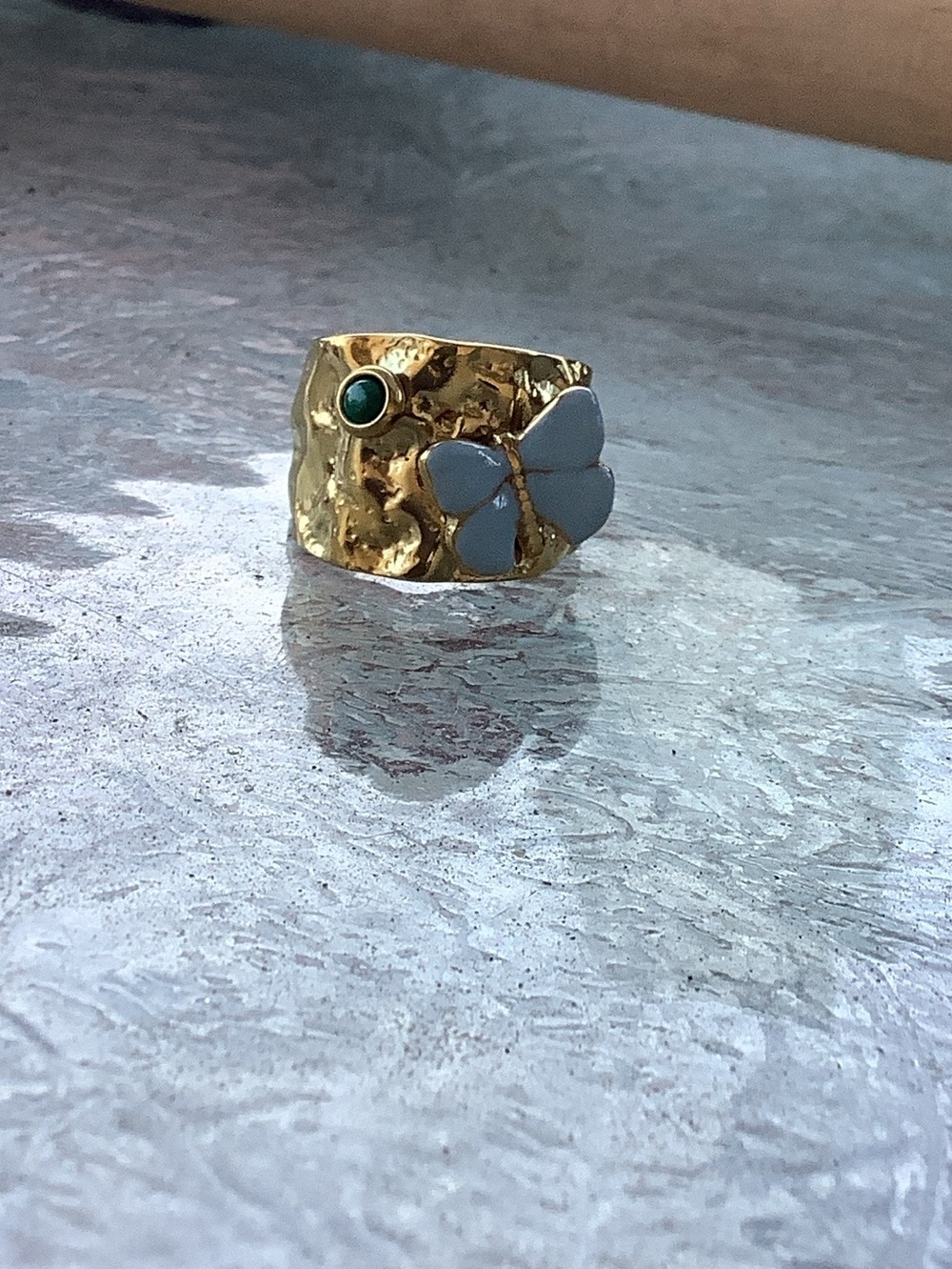 18K Gold PLATED Butterfly Accent Ring with Light Blue Enamel and Green Stone